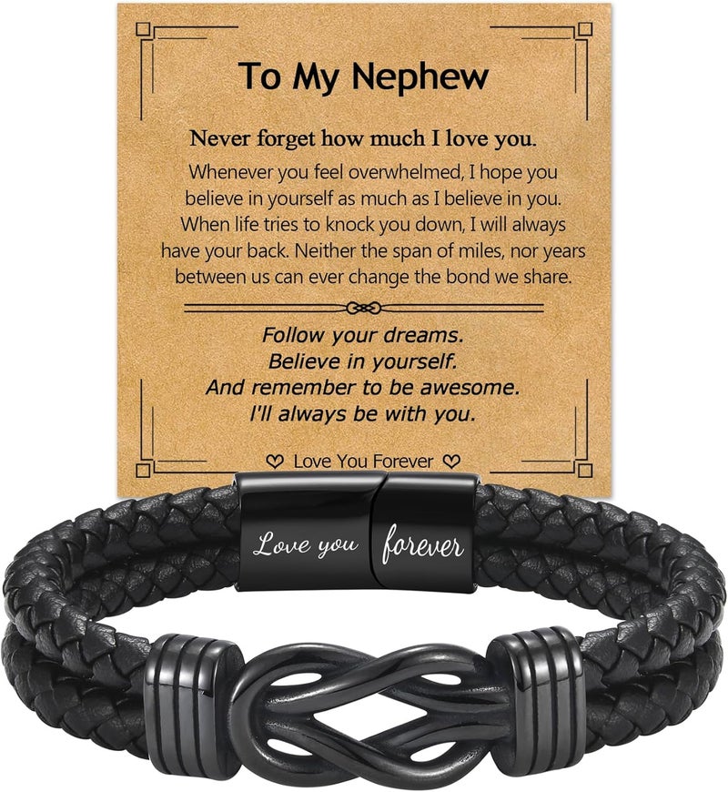 EPIRORA Gifts for Men Boys- Black Braided Leather Infinity Knot Bracelets for Son Grandson Nephew Brother Dad Husband, Jewelry Gifts for Christmas Birthday Graduation Anniversary Valentine's Day - Image 1